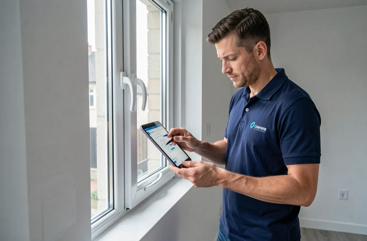 Technicien de 123 Menuiseries vérifiant l'installation d'un cadre de baie vitrée PVC dans une maison du 93