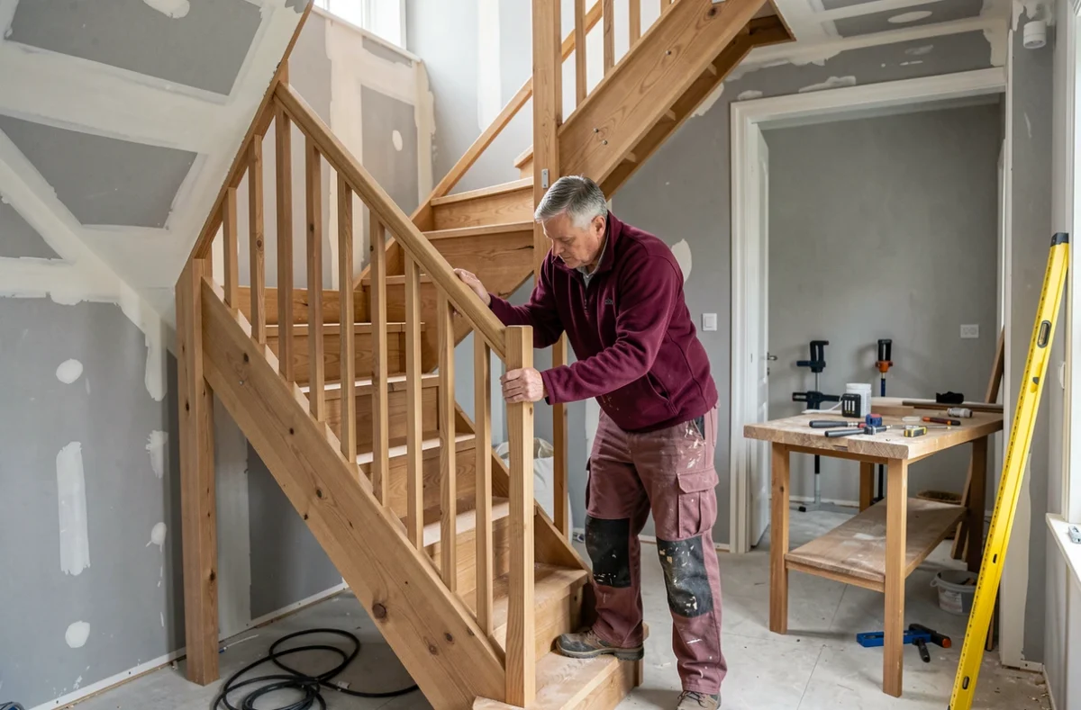 Menuisier de 2B Menuiserie Roannaise assemblant une balustrade en bois sur un chantier résidentiel en Île-de-France