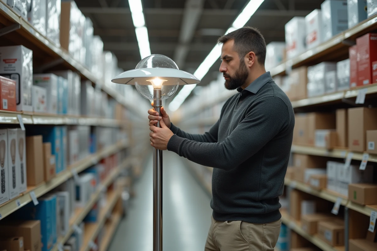 Homme inspectant un lampadaire halogène à pied dans le rayon d'une grande surface de bricolage