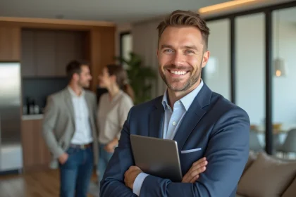 Agent immobilier souriant dans un appartement moderne