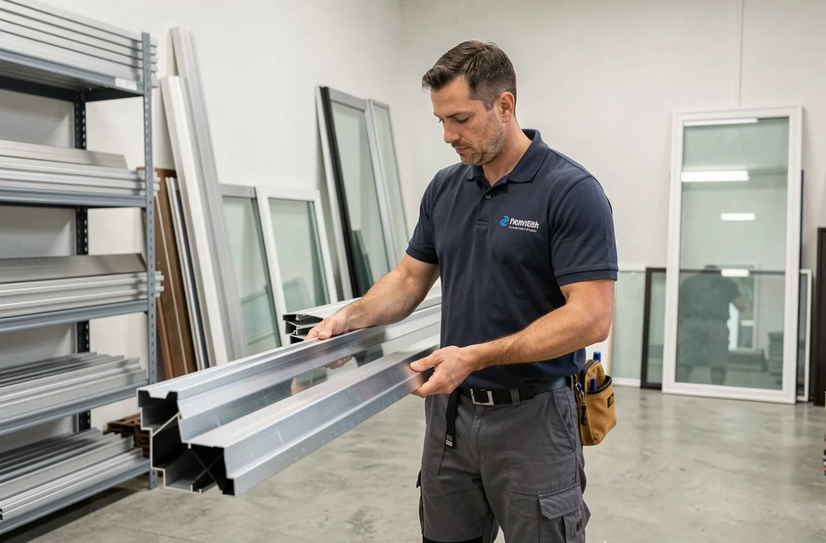 Technicien d'ALU BAT manipulant un profilé en aluminium dans un espace professionnel à Tremblay-en-France