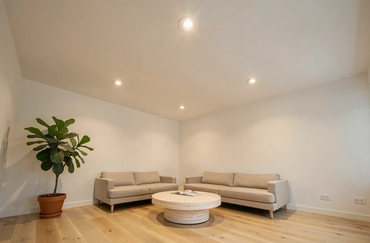 Plafond de salon moderne avec ampoules spot encastrables LED intégrées dans du plâtre blanc, sol en chêne clair et décoration scandinave minimaliste