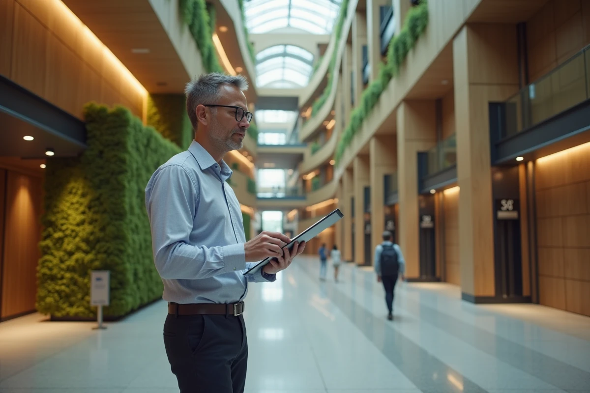 Architecte examinant des plans dans un lobby moderne