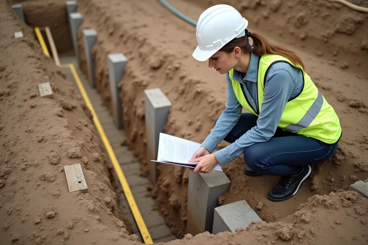 Jeune architecte vérifiant les fondations sur un terrain