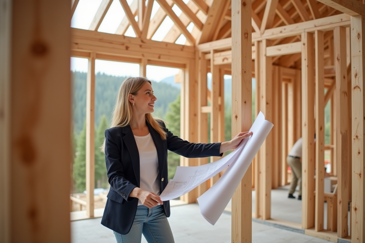 Jeune architecte montrant les plans d une maison en construction