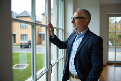 Architecte examine une grande fenetre moderne dans un salon contemporain