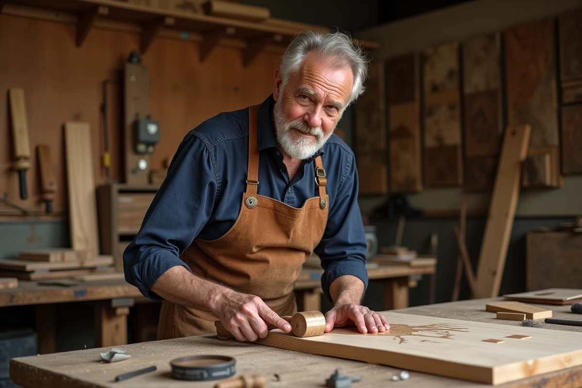 Artisan ébéniste appliquant une feuille de placage en noyer sur un panneau bois dans un atelier traditionnel