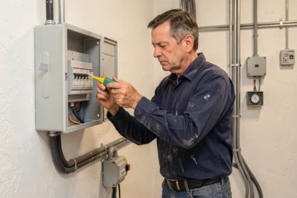 Artisan électricien inspectant un tableau électrique ouvert dans une maison lors de travaux de rénovation sécurisée