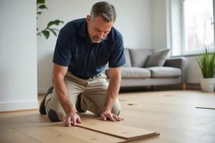 Artisan spécialiste en parquet flottant inspectant une lame de parquet soulevée dans un salon moderne