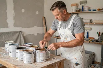 Artisan peintre comparant différentes peintures et leur coût au mètre carré sur un établi de chantier