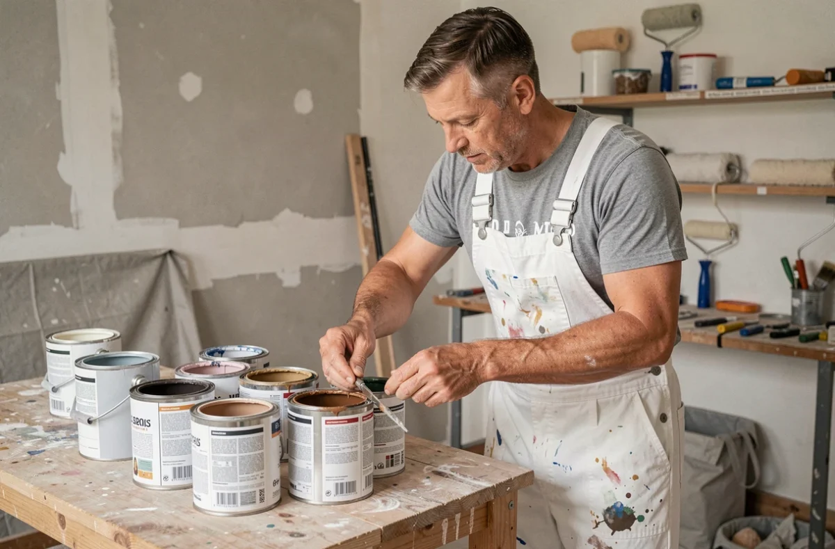 Artisan peintre comparant différentes peintures et leur coût au mètre carré sur un établi de chantier
