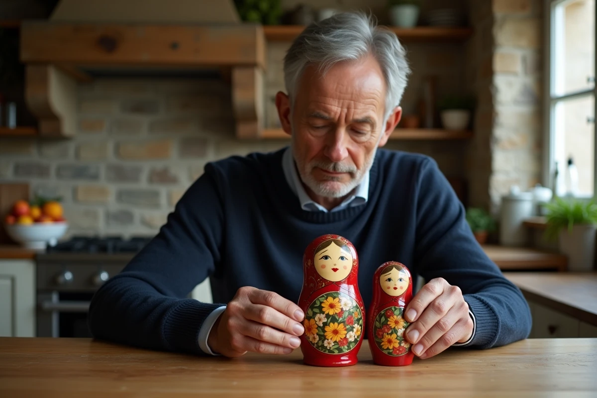 Homme assemblant délicatement les pièces d'une grande poupée Matriochka en bois dans une cuisine rustique