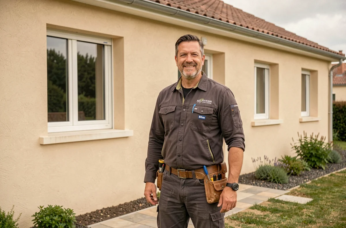 Entrepreneur en rénovation devant une maison rénovée à Le Passage, représentant l'entreprise Avenir Rénovations Le Passage