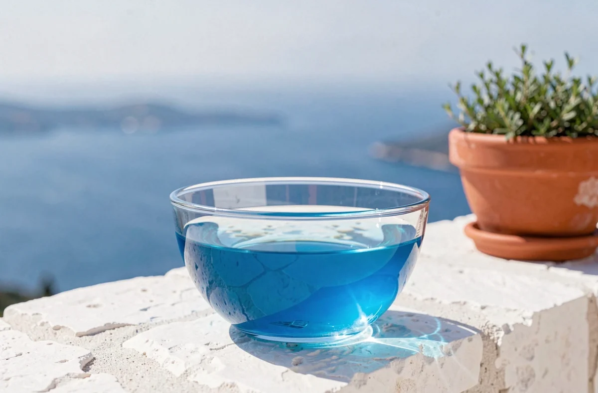 Un bol en verre rempli d'eau teintée bleu azur sur une terrasse en pierre blanche avec la mer Méditerranée en arrière-plan