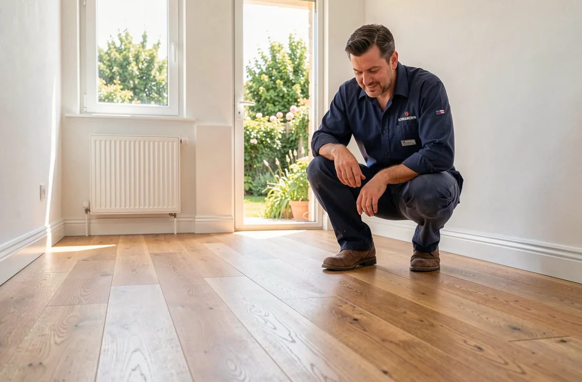 Eric Belair inspectant la pose d'un parquet en chêne dans une pièce rénovée d'une maison du Lot-et-Garonne