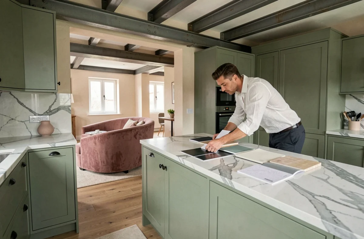 Cuisine ouverte en vert sauge mat et marbre Calacatta réalisée par BODDAERT Intérieur avec sofa en velours rose poudré