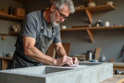 Bricoleur expérimenté en train de poncer un meuble salle de bain en béton cellulaire dans un atelier DIY