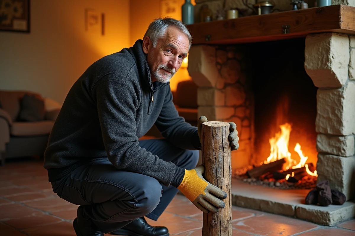 Homme utilisant une bûche de ramonage dans une cheminée en pierre rustique d'une maison de campagne française