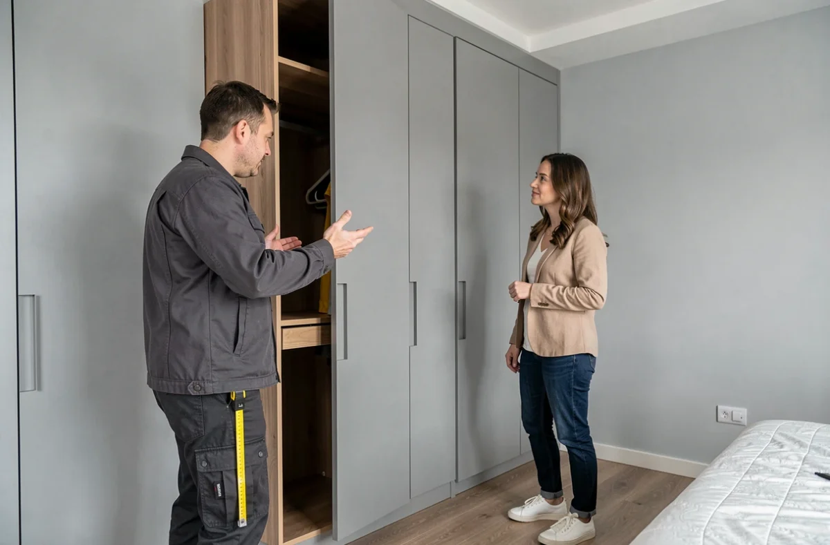 Artisan de BYM Menuiserie présentant un dressing sur mesure à une cliente dans un appartement moderne