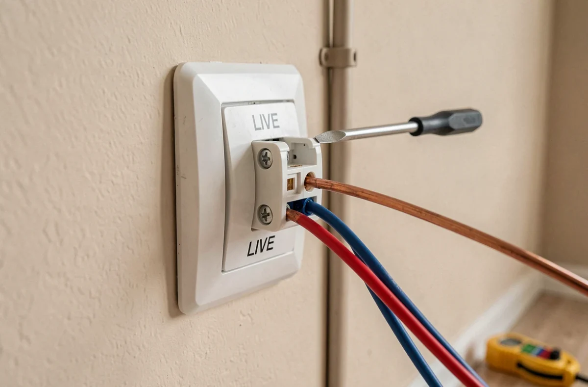 Gros plan sur le câblage d'un interrupteur poussoir avec fils électriques colorés et tournevis dans un appartement moderne