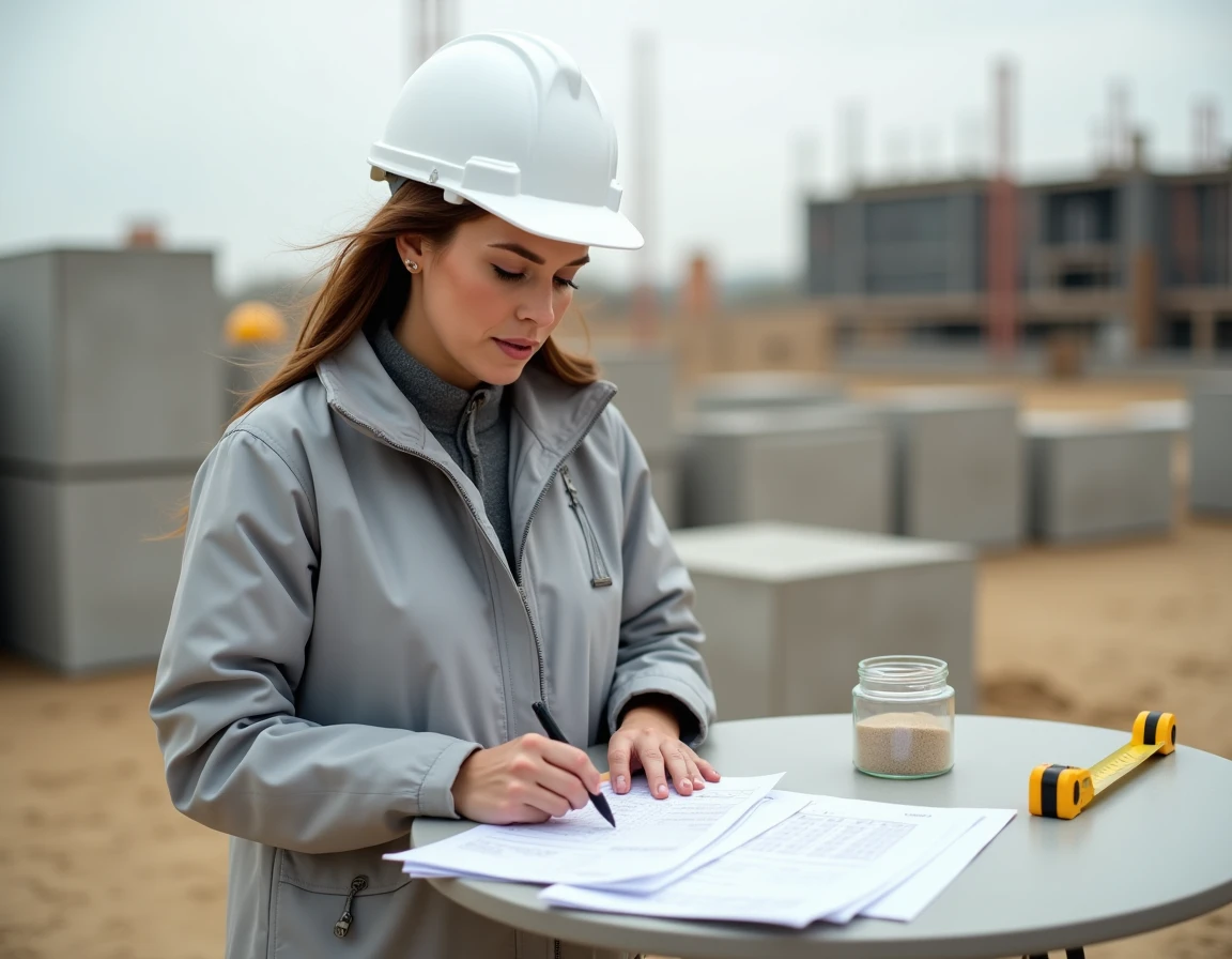 Femme chef de chantier calculant le poids et le volume de sable en m3 avant la location d'une toupie béton
