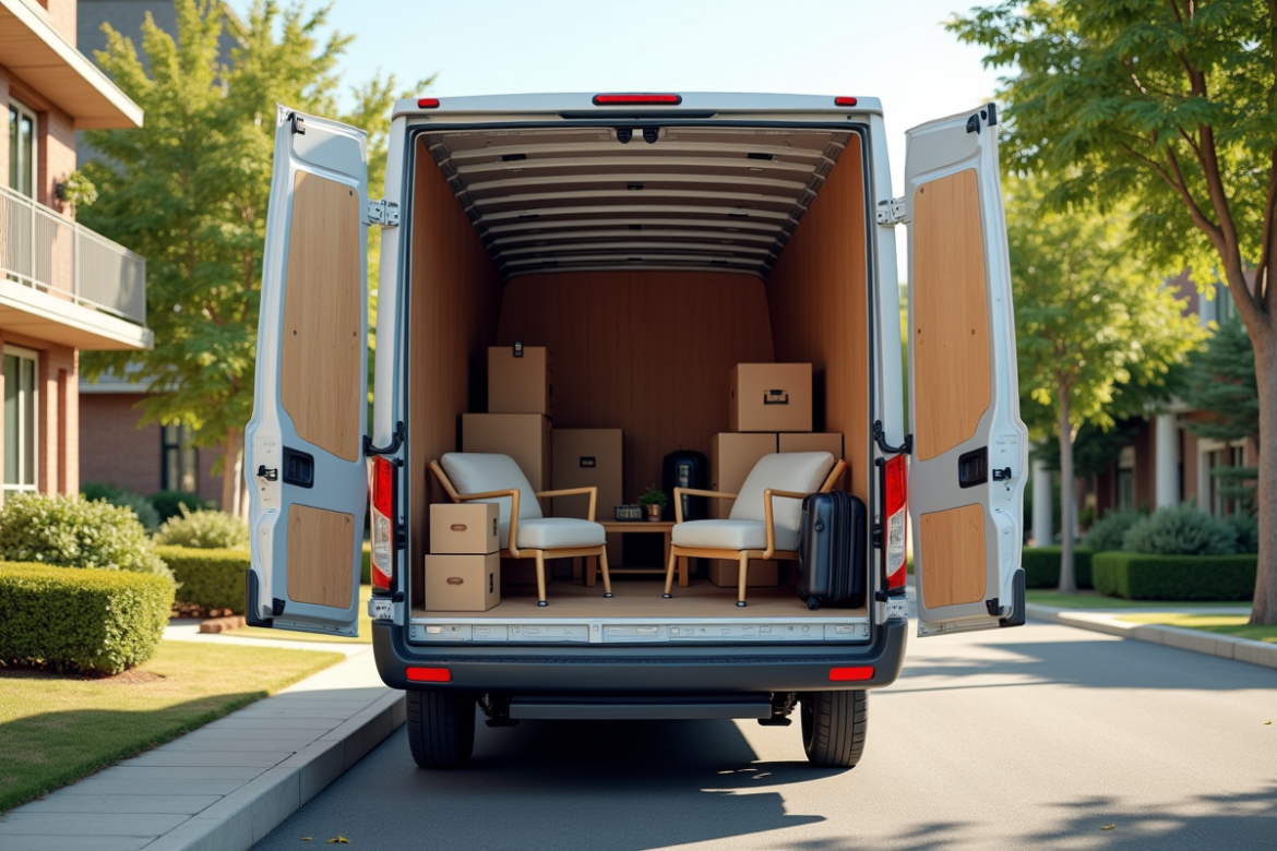 Camion de déménagement de 6 m3 chargé de cartons et meubles