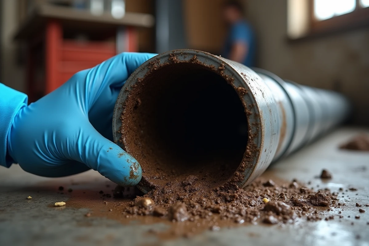 Tuyau de canalisation bouché avec dépôts de boue extraite d'un drain de fosse septique