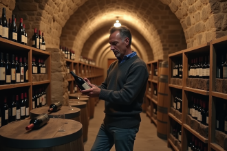 Homme dans une cave à vin en pierre examine une bouteille ancienne