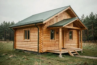 Chalet en bois habitable de 80m2 livré monté, vue extérieure trois quarts sur terrain naturel