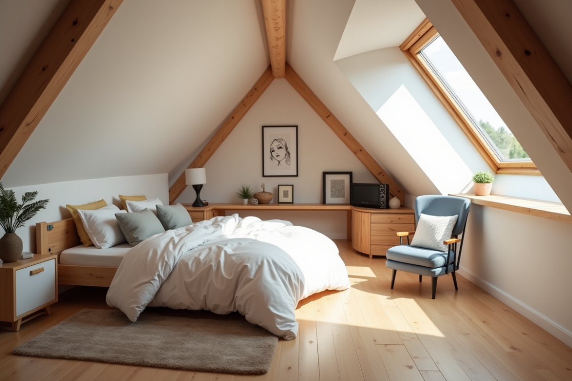 Chambre attenue chaleureuse et renovée avec poutres et lucarnes