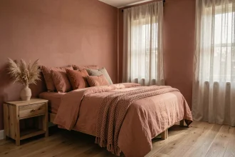 Chambre parentale décorée en terracotta et rose poudré pour une atmosphère chaleureuse et romantique