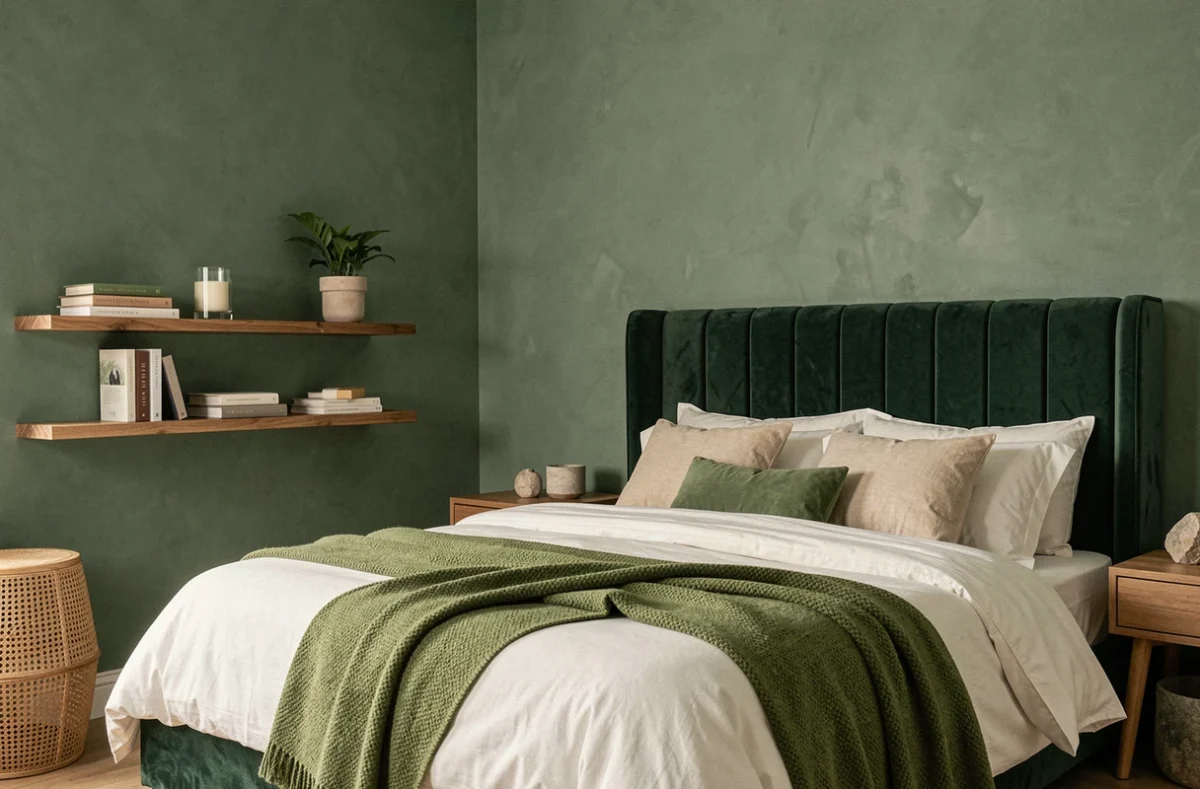 Chambre parentale aux murs vert sauge avec tête de lit en velours pour une atmosphère apaisante et sensuelle
