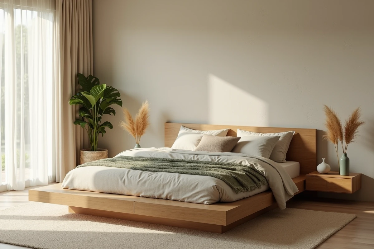 Chambre parentale zen et chaleureuse avec literie en lin naturel, plantes vertes et déco minimaliste en tons sable et sauge
