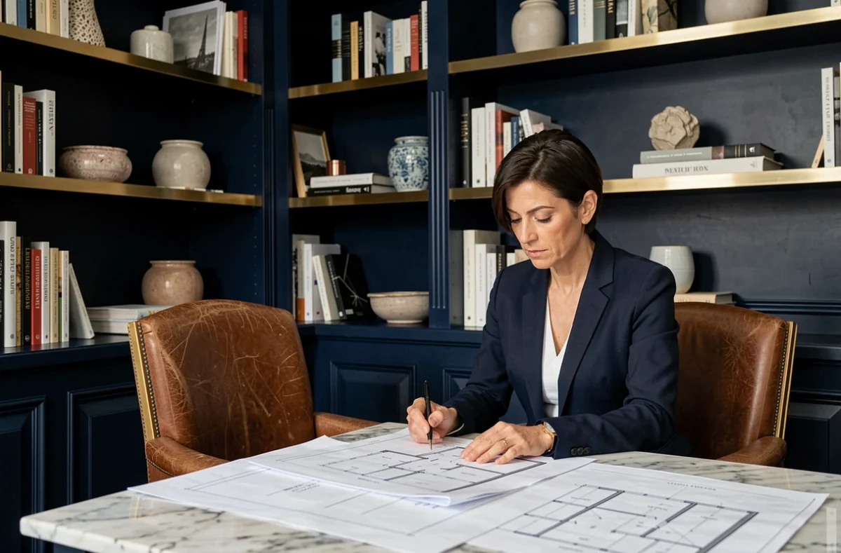 Bureau à domicile de style parisien signé Charline Piette avec lambris bleu marine et bibliothèque en laiton
