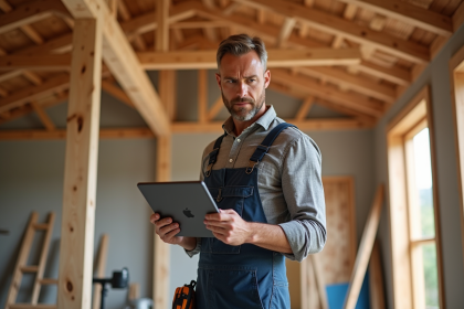 Charpentier inspectant une charpente en bois traditionnelle