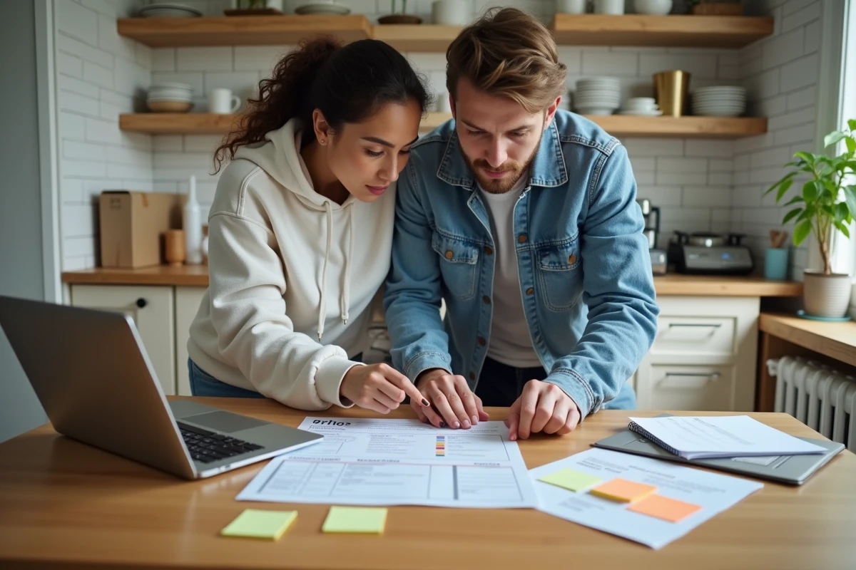 Couple organisant leur déménagement autour d'une checklist imprimée et d'un ordinateur portable sur une table de cuisine