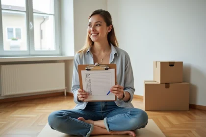 Femme consultant une checklist de déménagement imprimée sur un clipboard, assise sur des cartons dans un appartement vide