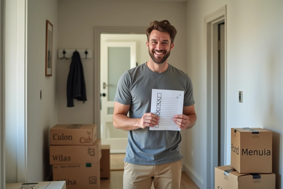 Homme souriant tenant une checklist de déménagement complétée dans un couloir entouré de cartons étiquetés