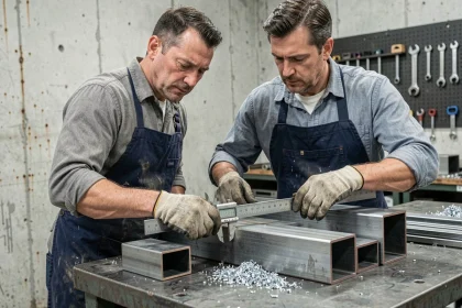 Métallurgiste mesurant des tubes carrés en fer de différentes sections sur un établi d'atelier industriel