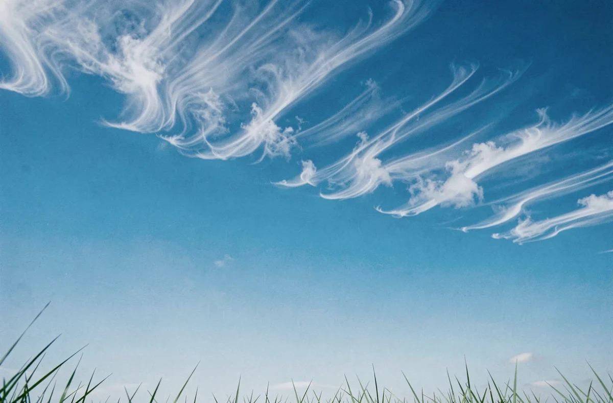 Un ciel bleu clair et vaste avec de fins nuages cirrus, photographié depuis une colline en regardant vers le haut