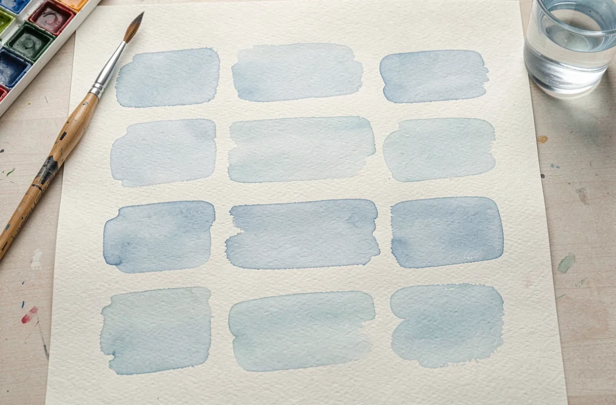 Des touches de peinture aquarelle bleu clair disposées sur du papier épais crème dans un studio créatif