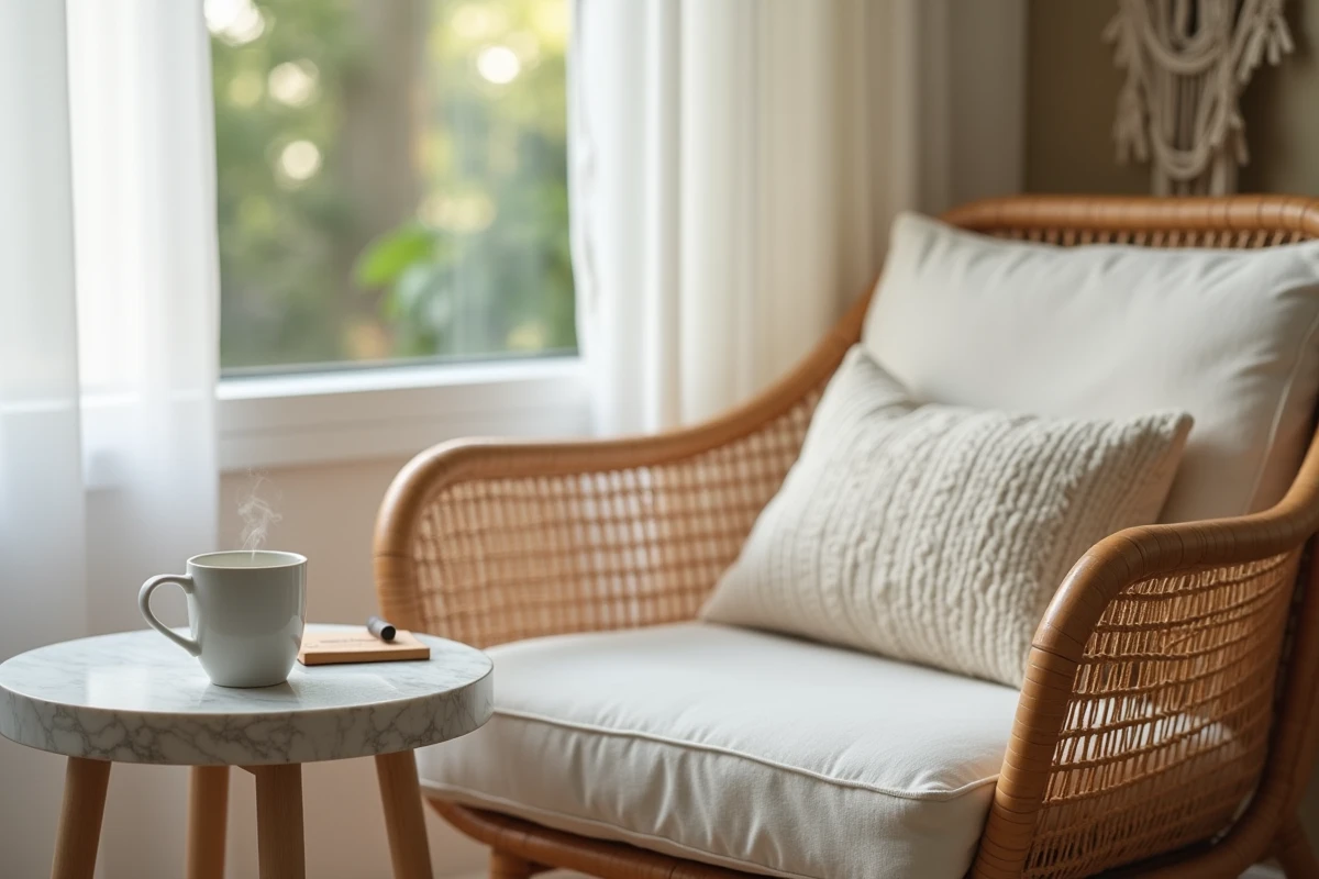 Coin lecture cosy dans une chambre parentale avec fauteuil en rotin, coussin bouclé crème et mug fumant sur table en marbre