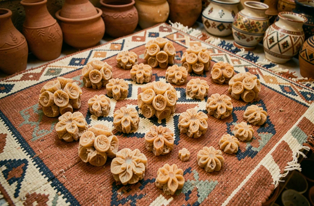 Collection de pierres roses des sables de différentes tailles disposées sur un tissu berbère traditionnel dans un souk marocain