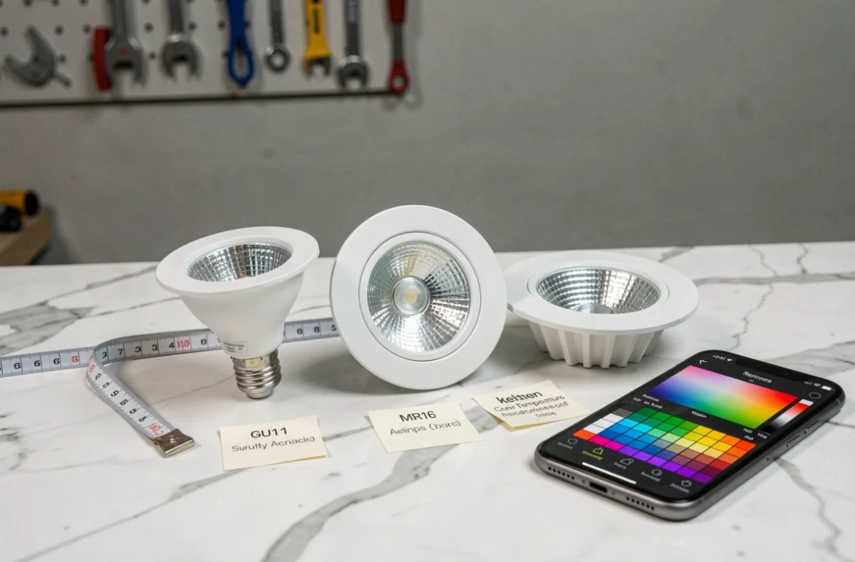 Comparaison de différentes ampoules spot encastrables LED GU10 et MR16 posées sur un plan de travail en marbre blanc avec accessoires d'installation
