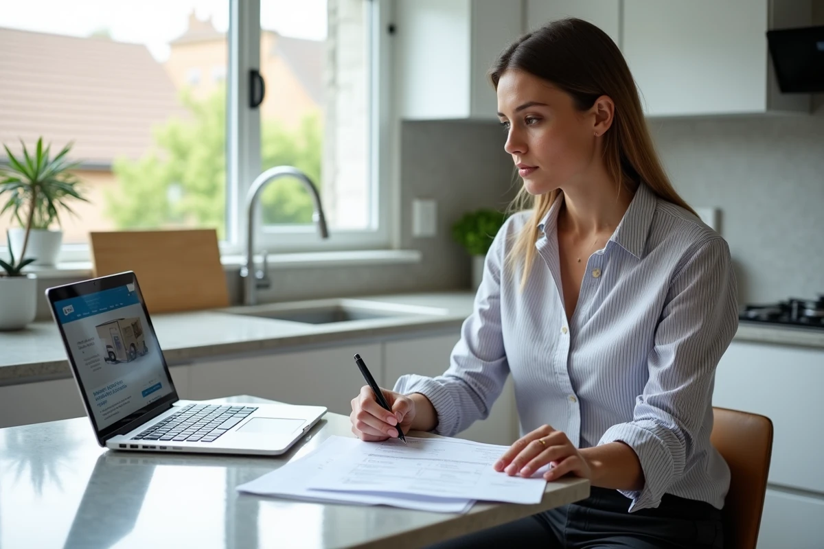 Femme comparant des devis de déménagement longue distance à son bureau pour réduire les coûts de transport