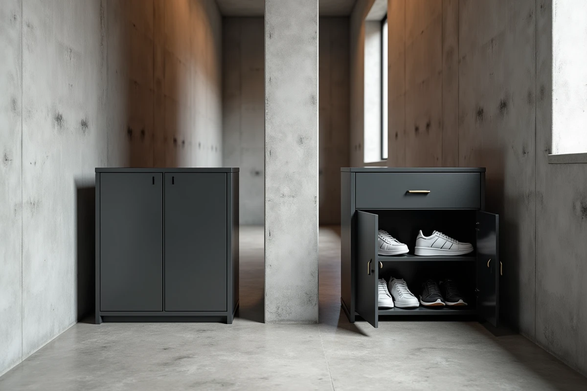 Comparaison meuble à chaussures Nano fermé et ouvert côte à côte dans une entrée en béton brut style urbain