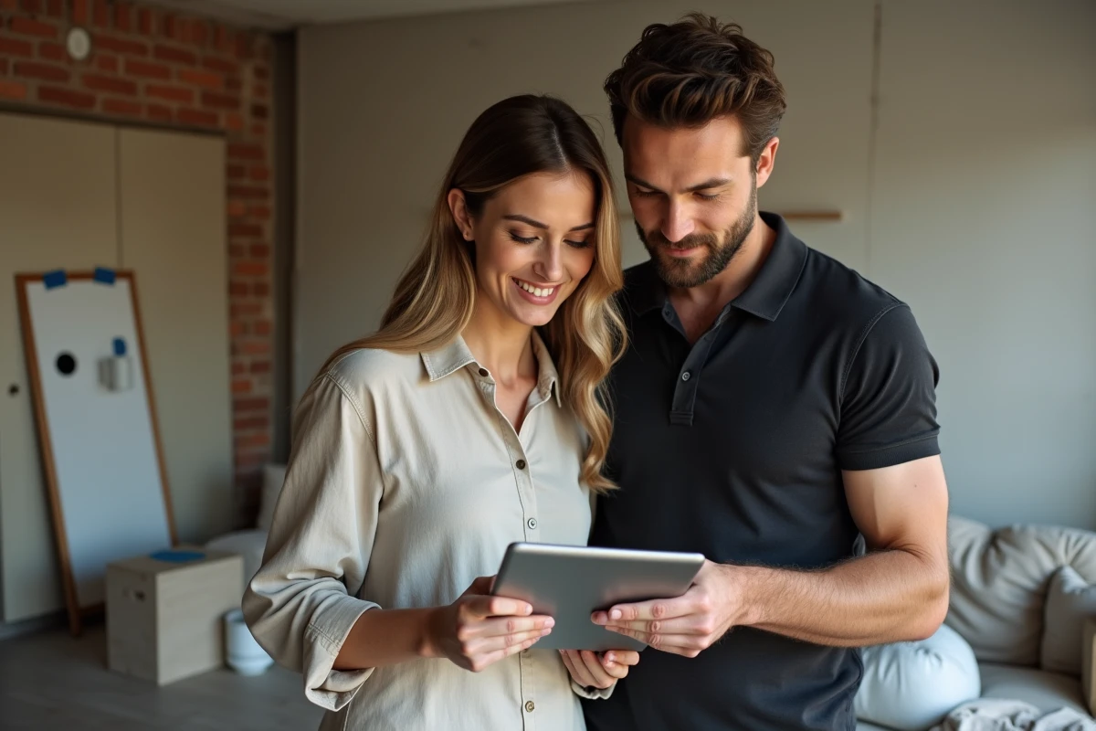 Un couple belge consulte un devis de rénovation sur tablette dans leur salon en cours de travaux