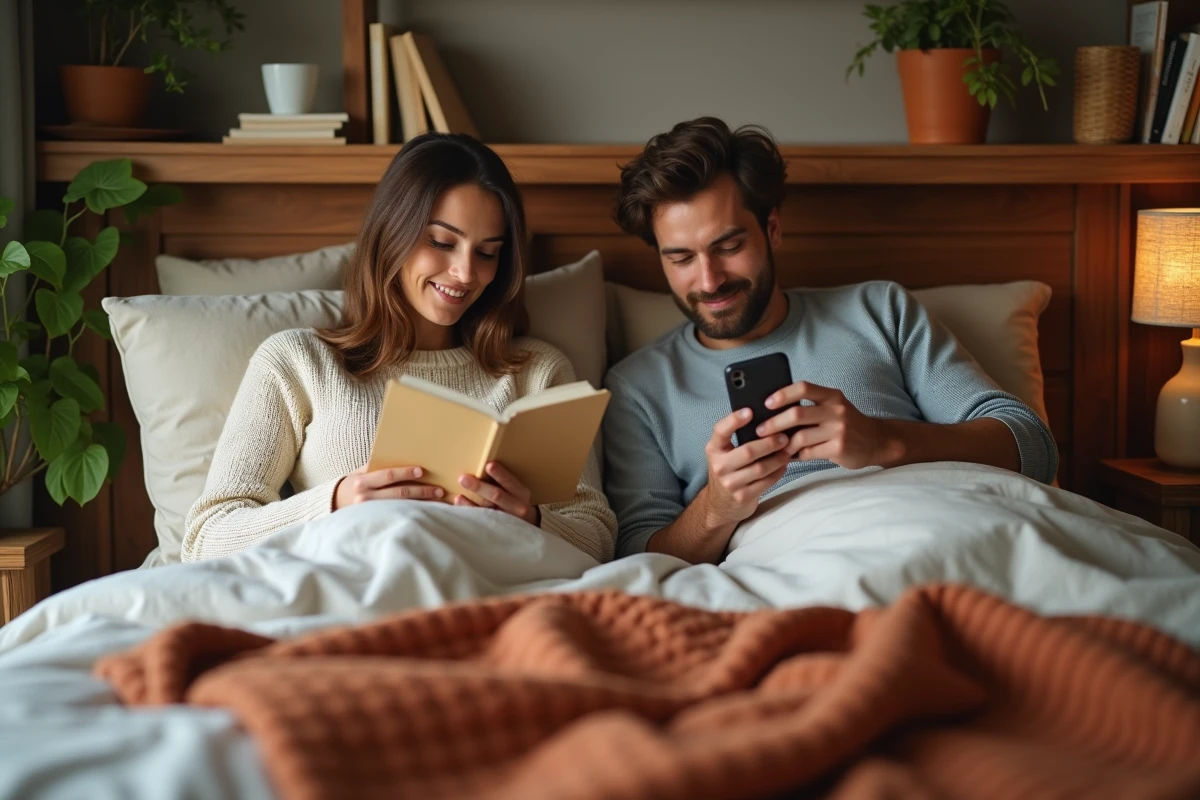 Couple détendu dans une chambre parentale cosy, lisant et se reposant sur une literie en lin avec tête de lit en bois noyer