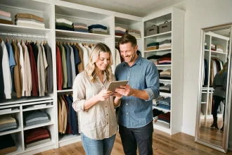 Couple souriant devant un dressing bien organisé avec sections séparées par couleur et par personne