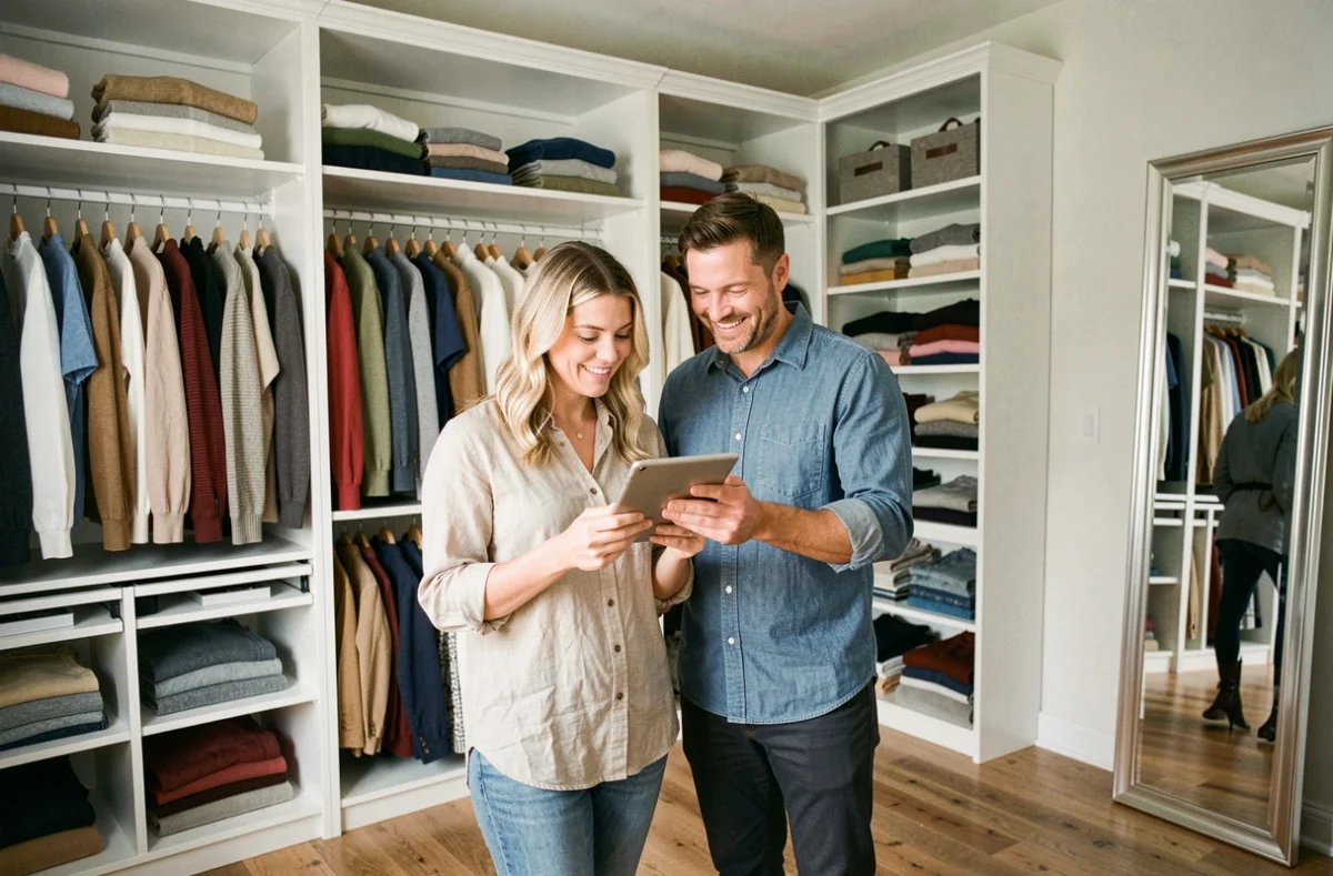 Couple souriant devant un dressing bien organisé avec sections séparées par couleur et par personne